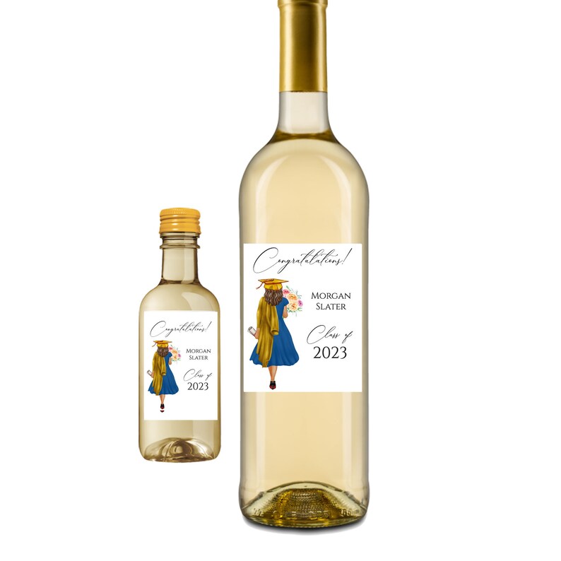 Graduation Wine Label, Medium Complexion holding a bouquet of flowers