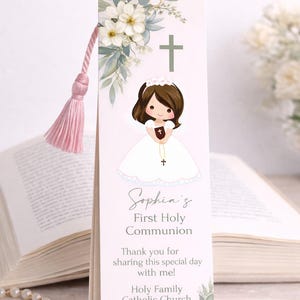 First Communion Bookmark. Brunette Girl