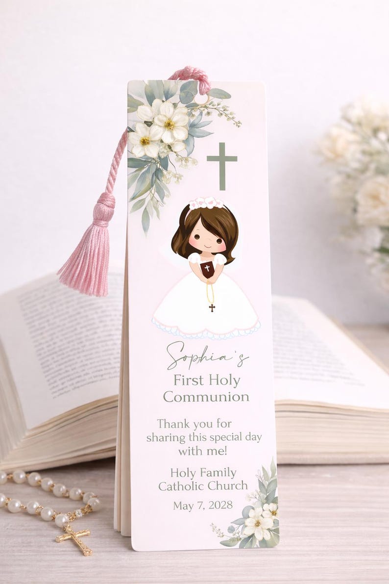 First Communion Bookmark. Brunette Girl