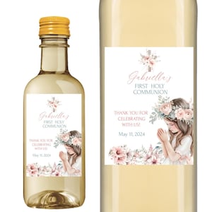 Wine Bottle Label, Praying Girl First Holy Communion, Champagne Label, Floral First Holy Communion Wine Label, Printed or Printable label