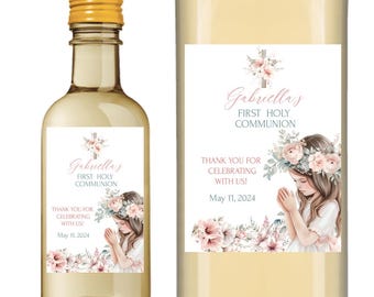Floral First Holy Communion Wine Bottle Label: Praying Girl, Personalized