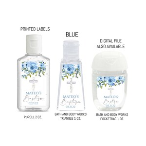 Blue Floral Baptism Hand Sanitizer Labels