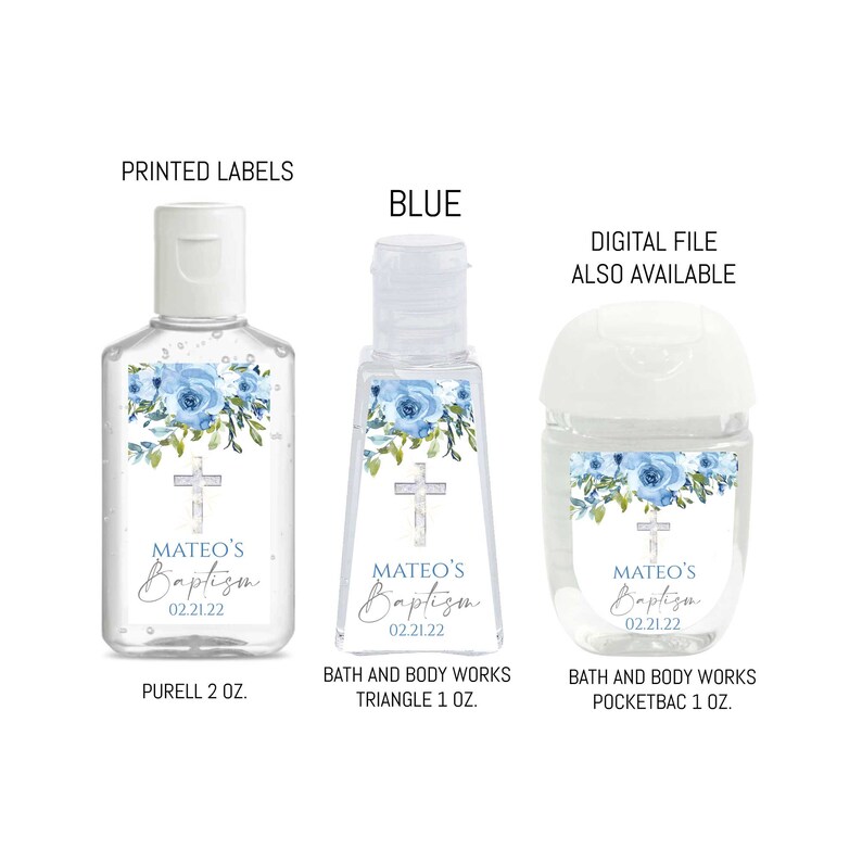 Blue Floral Baptism Hand Sanitizer Labels