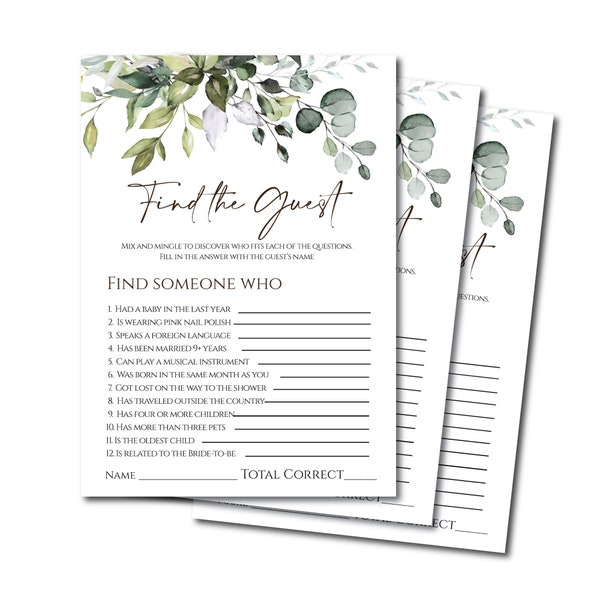 Find The Guest Bridal Shower Game, Greenery Find The Guest Game, Greenery Bridal Shower Game, Find The Guest Who, Guess Who Game, Baby Games