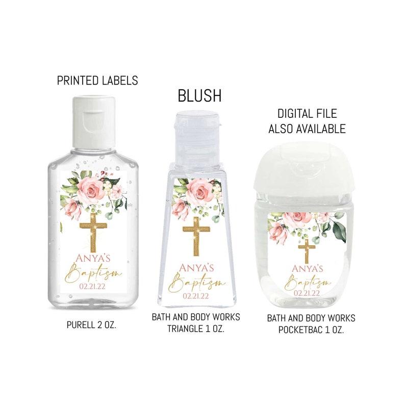 Blush Floral Baptism Hand Sanitizer Labels