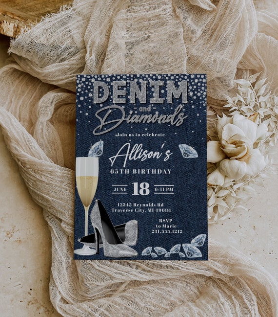 デニム＆ダイヤモンドの誕生日招待状テンプレート（デジタル
