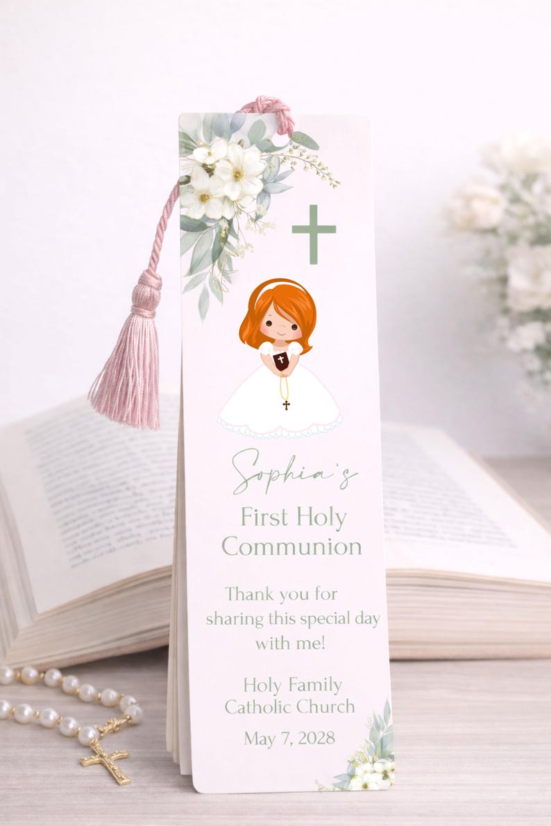 First Communion Bookmark, Red Hair Girl