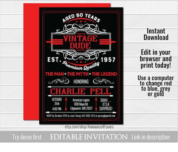 Vintage Dude Invitation - The Man, The Myth, The Legend Birthday Party Invite - Printable Il_570xn
