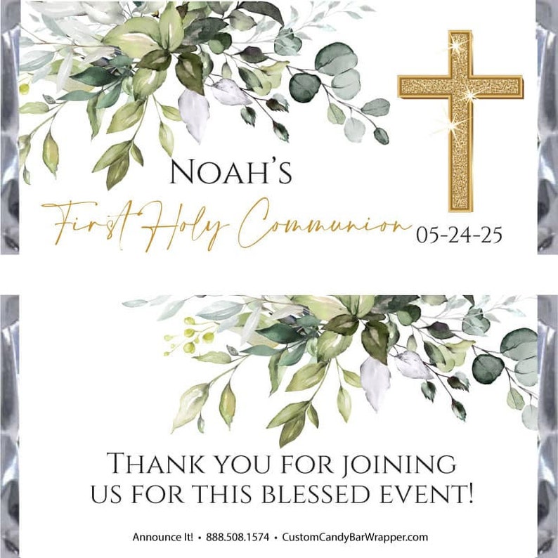 Matching Greenery First Communion Candy Bar Wrappers