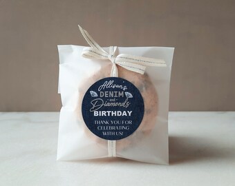 Denim and Diamonds Birthday Stickers - Custom Birthday Hershey Kisses Favors - Round Sticker Pack