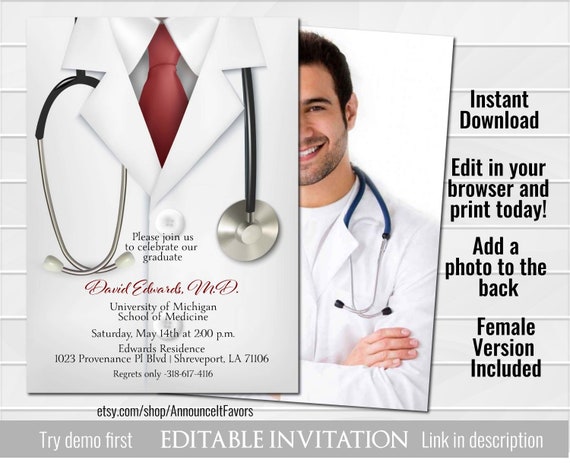 Doctor Invitation, Medical School Doctor Graduation Invitation, Male Female Physician Invite, Digital Printable Il_570xn