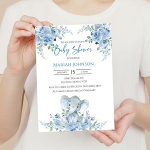 Matching Blue Elephant Baby Shower Invitation