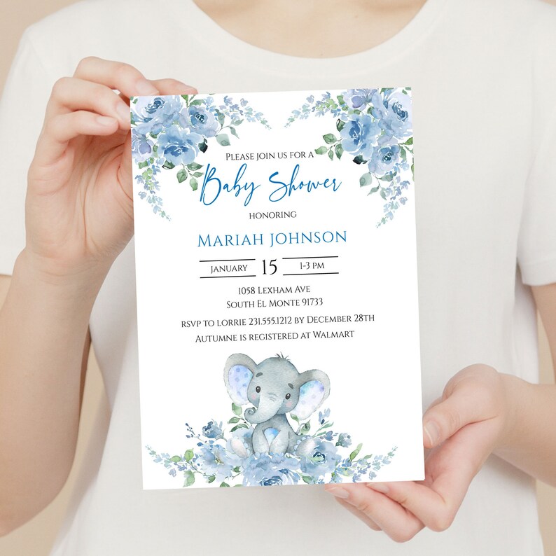 Matching Blue Elephant Baby Shower Invitation