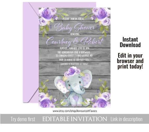 purple elephant baby shower invitations