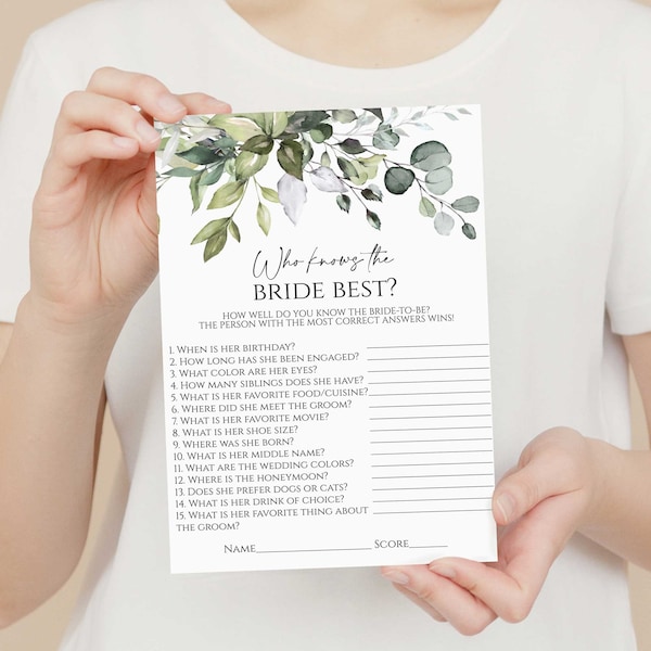 Who Knows the Bride Best Bridal Shower Game, Greenery Bridal Shower Template, Eucalyptus Printable Guess Who Said It, Instant Download Corjl