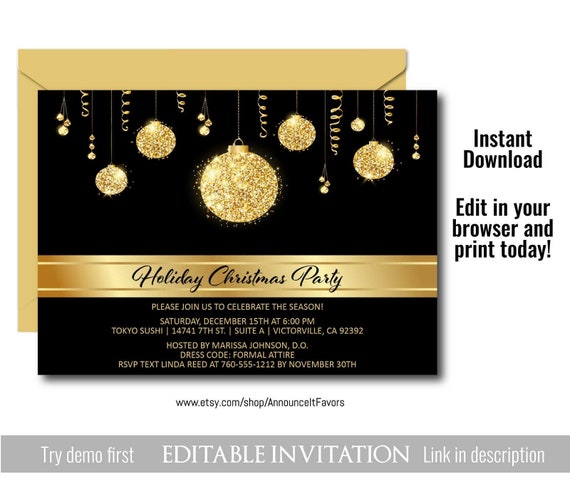 Gold Christmas Invitations, Elegant Christmas Party Invitation, Printable Company Invite Il_570xn