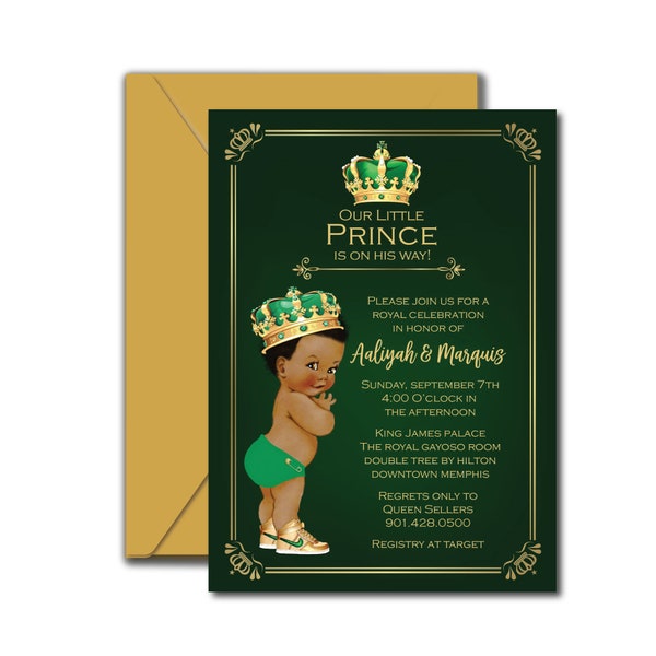 Green Prince Baby Shower Invitation, Prince Baby Shower Invites, Emerald Baby Shower Invitation Template, Green and Gold Invitations