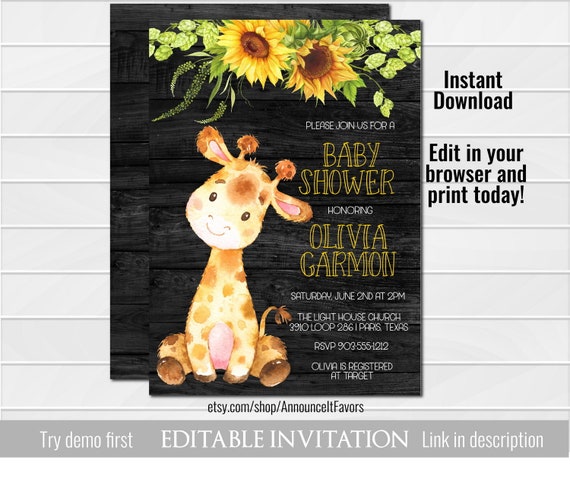 Giraffe Baby Shower Invitation Giraffe Baby Shower Instant Etsy