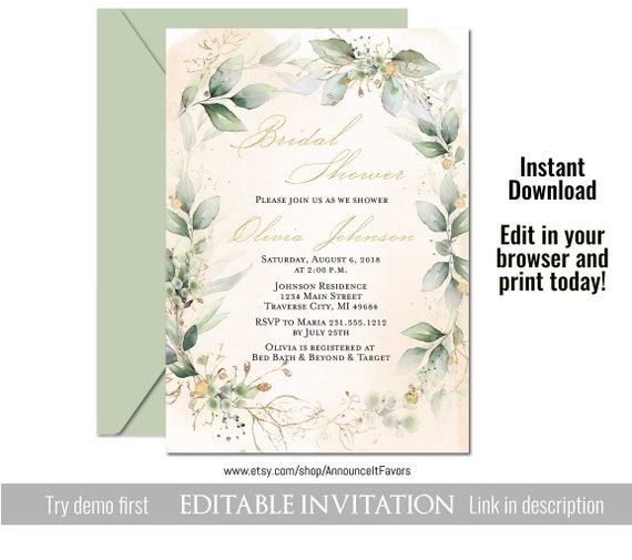 Green and Gold Bridal Shower Invitation Template, Printable Il_570xn