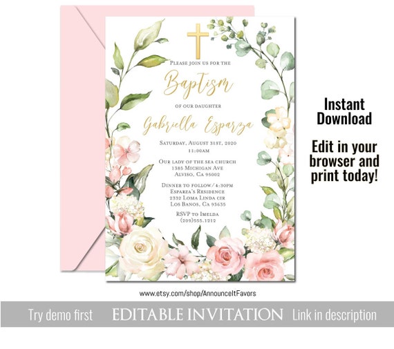Editable Baptism Invitation, Girl Baptism Invitation, Floral Baptism Invitation, LDS Baptism Invitations, Spanish Girl Baptism Invitations Il_570xn