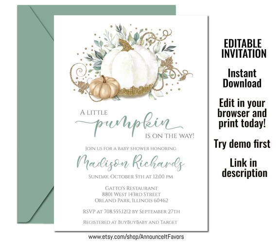 Pumpkin Baby Shower Invitation, Greenery Pumpkin Baby Shower Invitation, Fall Baby Shower Invite, A Little Pumpkin is on the Way Template Il_570xn