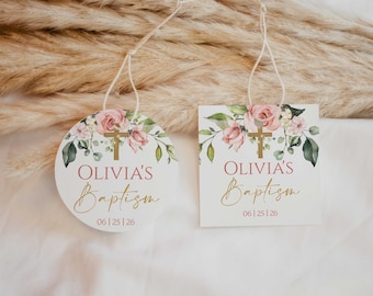 Blush Floral Baptism Favor Tags: Square or Round (Digital Download)