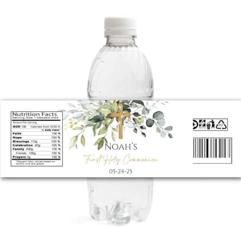 Matching Greenery First Communion Bottle Labels