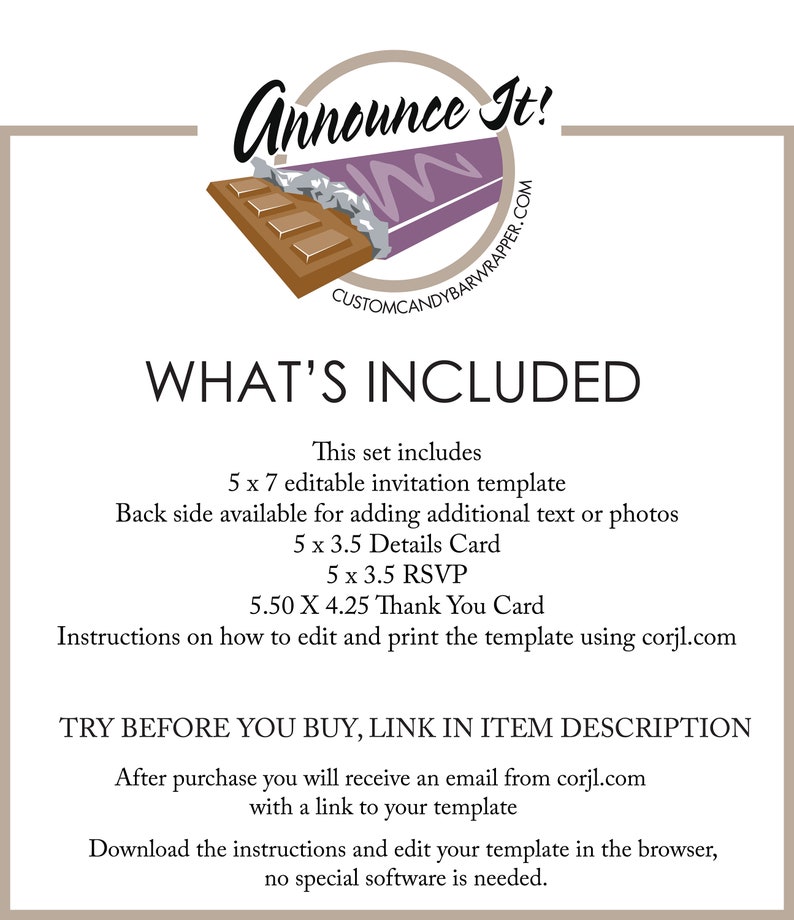 WHAT'S INCLUDED
1. 5 X 7 editable invitation template
2. Back side available for adding additional text or photos
3. 5 x 3.5 RSVP Insert
4. 3.5 x 5 Details Card
5. 5 x 7 Envelope Line
6. Thank You Card
7. Instructions