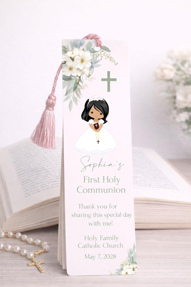 First Communion Bookmark, Black Hair
