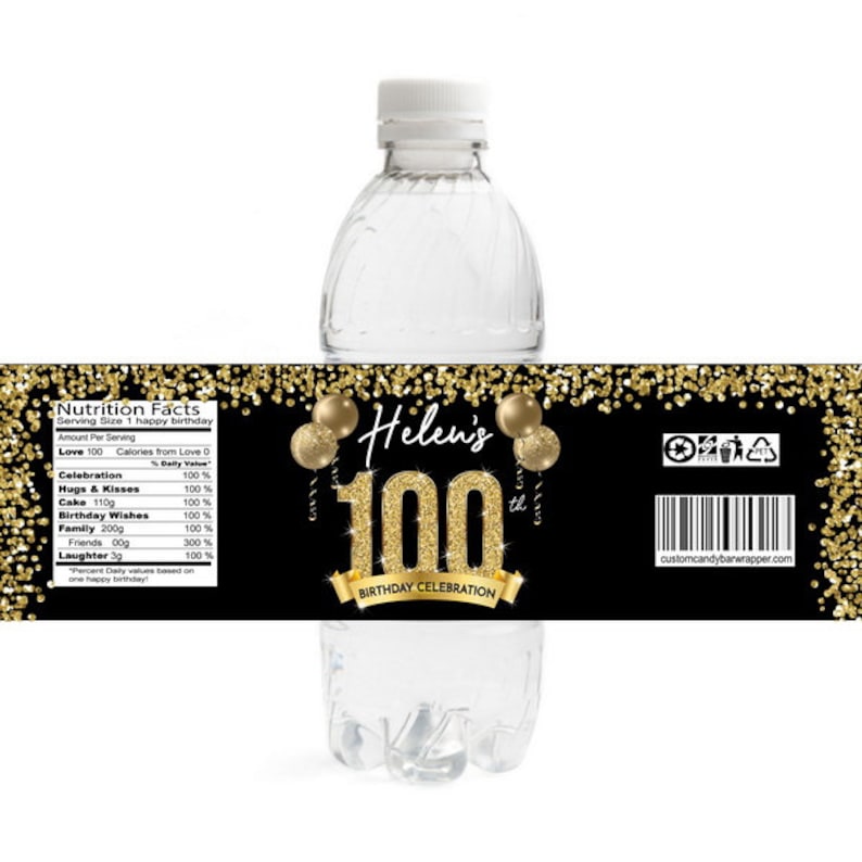 Matching 100th Birthday Water Bottle Labels