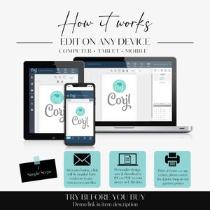May include: A digital illustration demonstrating how to edit a printable design on a computer, tablet, or mobile device. The image displays a laptop, tablet, and smartphone with the same design open in a web browser. The design is a blue and green circle featuring the text "Personalized for Coryl" and the name "Coryl" in a cursive font. The image also includes three icons representing the steps involved in the process: purchasing, personalising, and printing.
