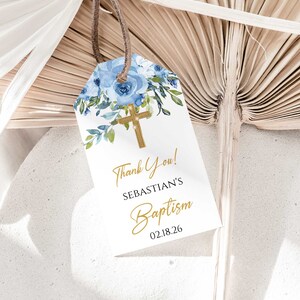 Blue Floral Baptism Thank You Tags Template
