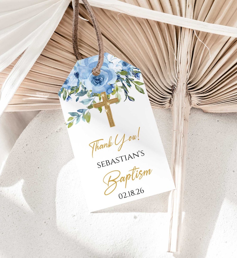 Blue Floral Baptism Thank You Tags Template