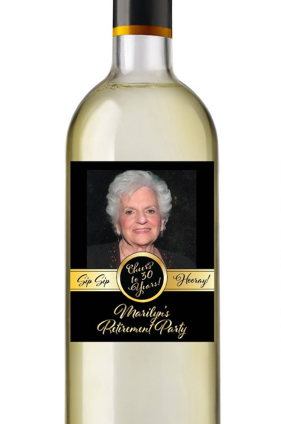 Photo Retirement Wine Labels Black and Gold Wine Bottle Set of 4 by