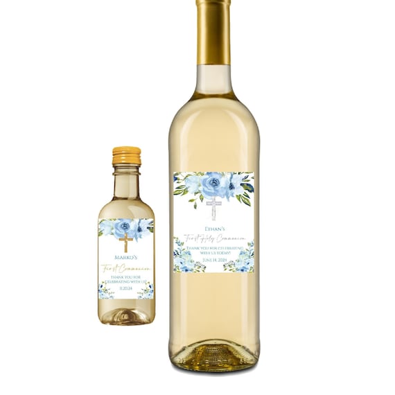 Blue First Communion Wine Labels Boy Floral Wine Bottle by Announce