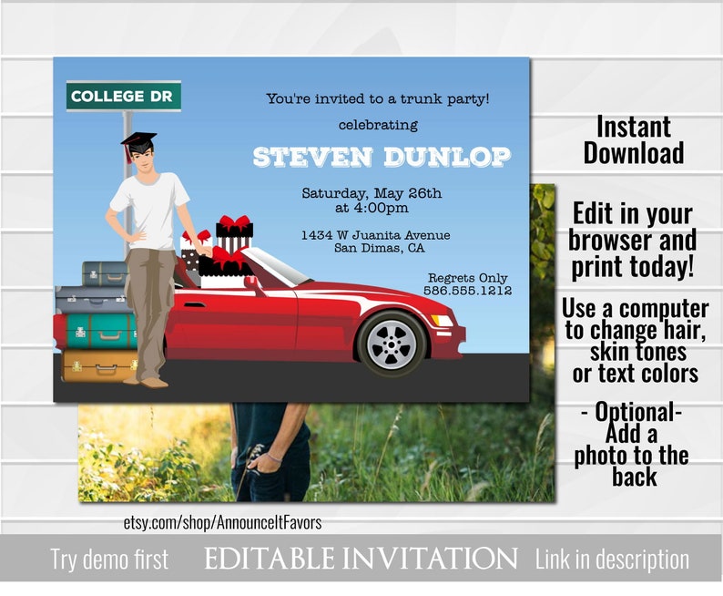 Male college Trunk Party Invitations