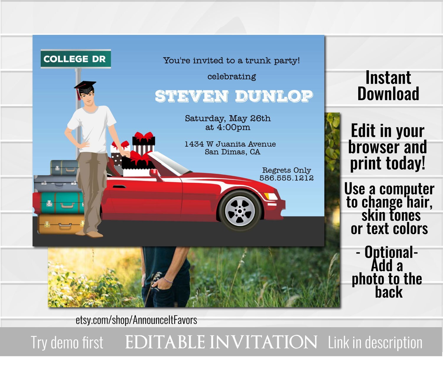 Male college Trunk Party Invitations Printable Graduation Etsy
