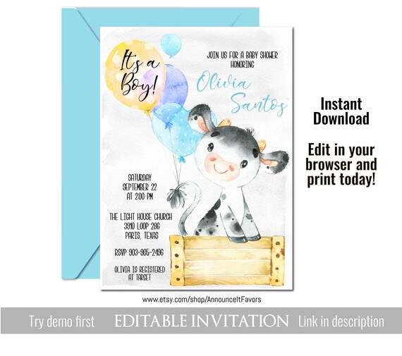 Cow Baby Shower Invitation, Farm Animal Printable Invite, Instant Download, Editable, Digital Template, Printable File, corjl, BB101 Il_570xn