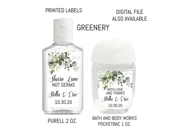 30 Hand Sanitizer Labels, Share Love Not Germs Sanitizer Labels, Greenery Wedding Sanitizer Favor, Custom COVID Wedding Favor, Pocketbac Il_570xn