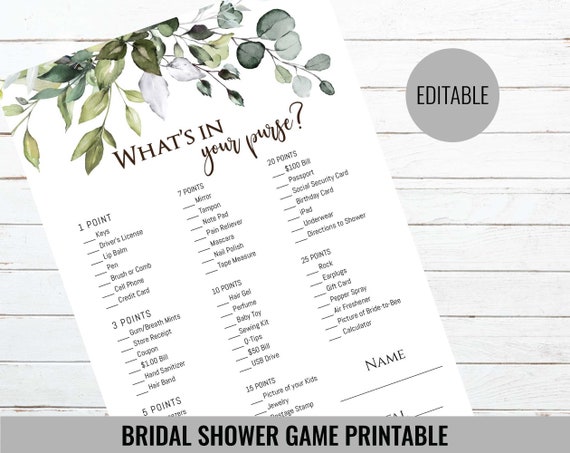Whats In Your Purse, Bridal Shower Games, Whats in Your Purse Game, Greenery Bridal Purse Game, Printable Whats In Your Bag, Editable Il_570xn