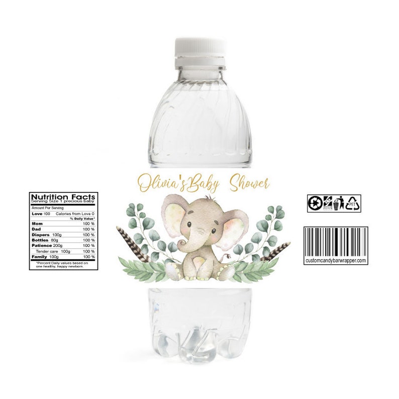 Matching Gold Elephant Baby Shower Bottle Labels