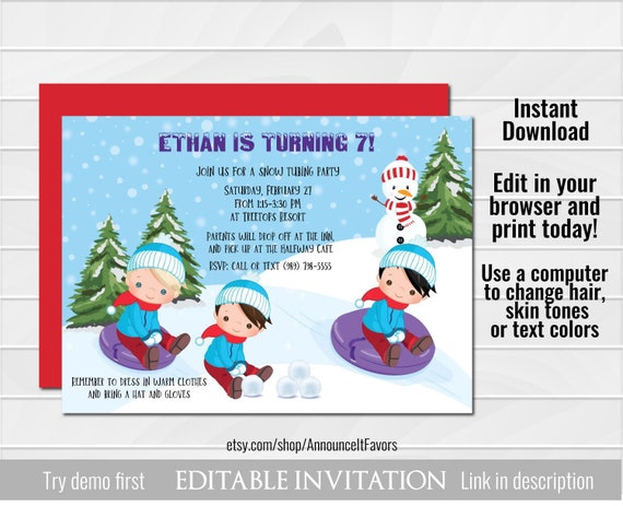 Boys Tubing Fun Invitation - Winter Birthday Party Invite - Printable - Choose Your Hair Color Il_570xn