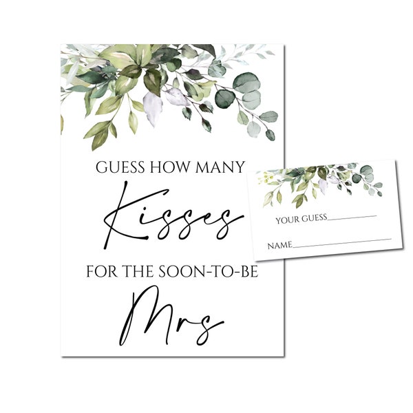 Greenery Guess How Many Kisses For The Soon To Be Mrs Bridal Shower Game Printable Download