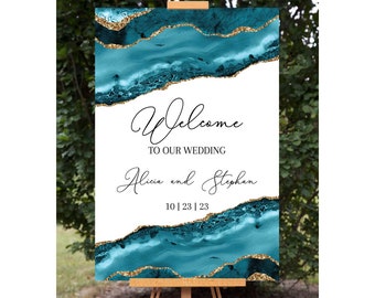 Teal and Gold Agate Wedding Welcome Sign, Modern Agate Wedding Reception sign, Geode Teal Agate Wedding Welcome Poster, DIY Printable