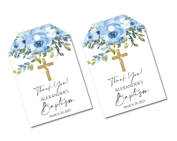 Printable Blue Floral Baptism Thank You Tags, Gold Cross First Communion Tags, Christening Tags Template, First Holy Communion Baptism Boy Il_570xn
