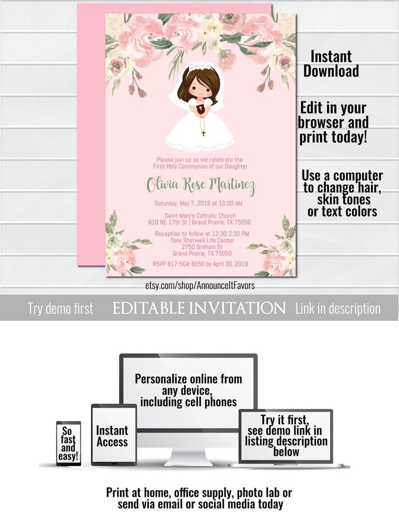 Girl First Communion Invites Floral First Communion Invites Etsy