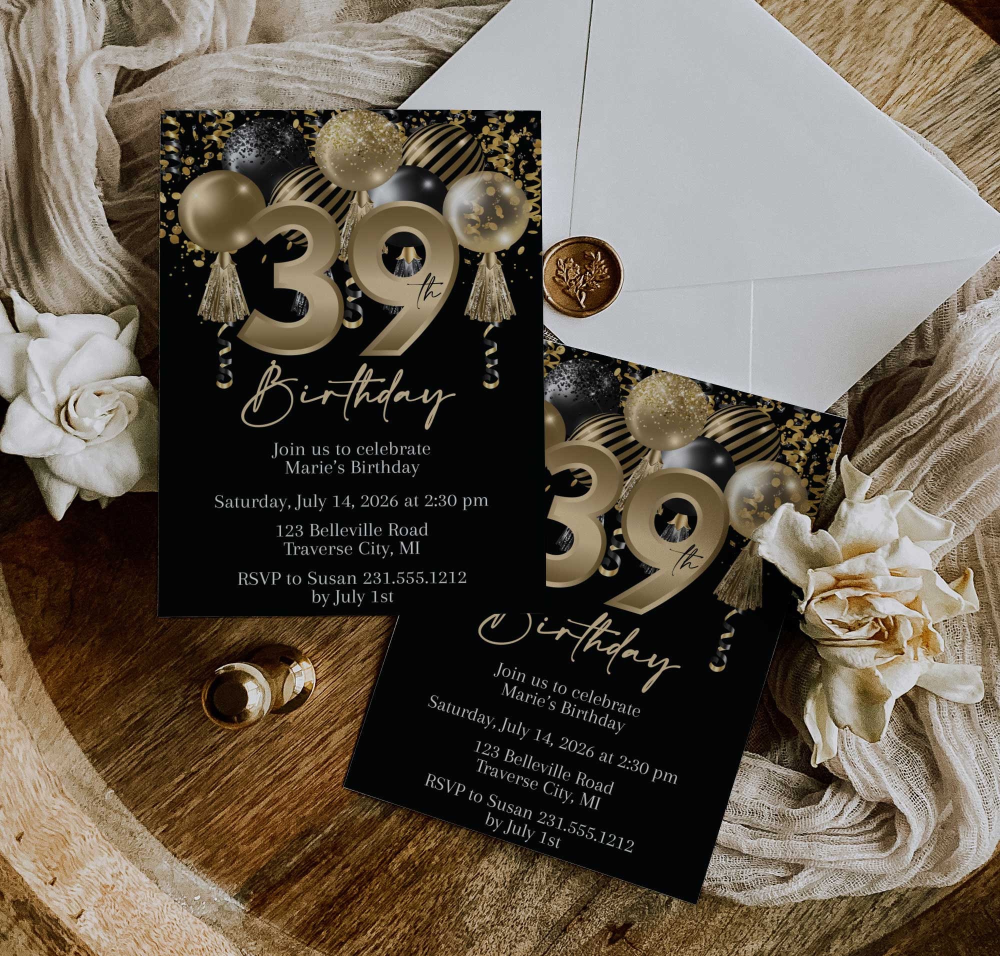 39th Birthday Invitation: Black and Gold Balloons (digital