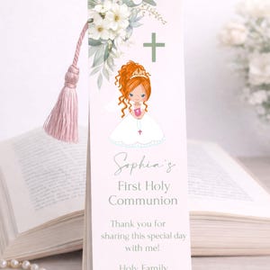 First Communion Bookmark, Red Updo Girl