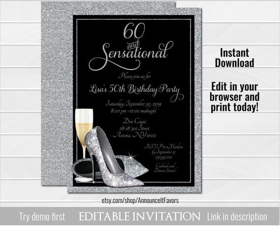 Silver Glitter Shoes Adult Birthday Party Invitations, High Heel Birthday Invitation, Stepping into 60 Il_570xn