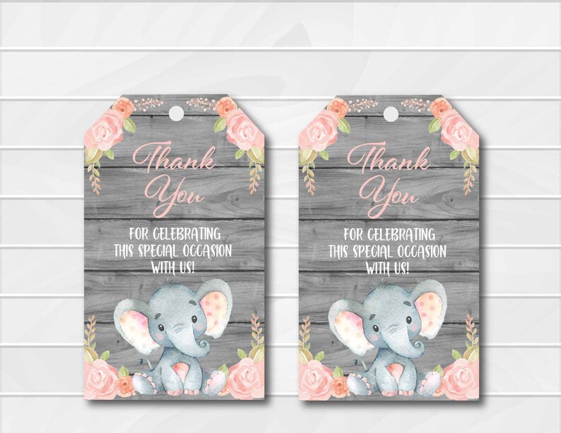 Pink Elephant Baby Shower Favor Tags Elephant Printable Thank | Etsy